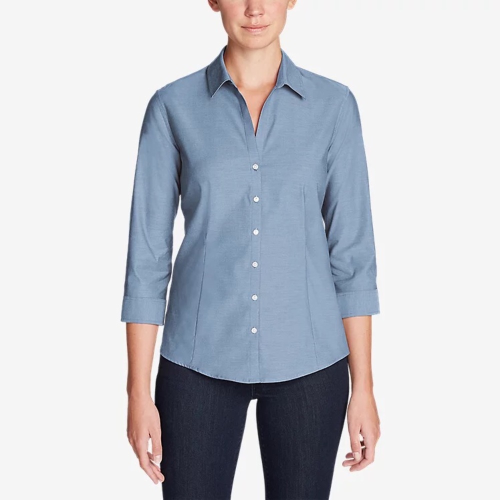 Eddie Bauer Wrinkle Free Shaped Fit Blue 3/4 Sleeve Button Down L